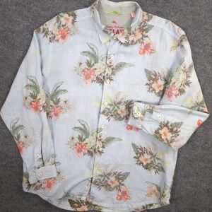 Tommy Bahama Linen Shirt Mens XL Blue Floral Tropical Elegant Preppy Long Sleeve
